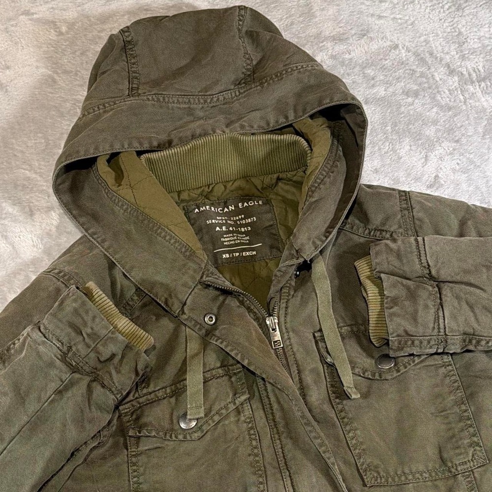 Y2K Vintage American Eagle Hooded Utility Military Jacket | Olive Green | XS